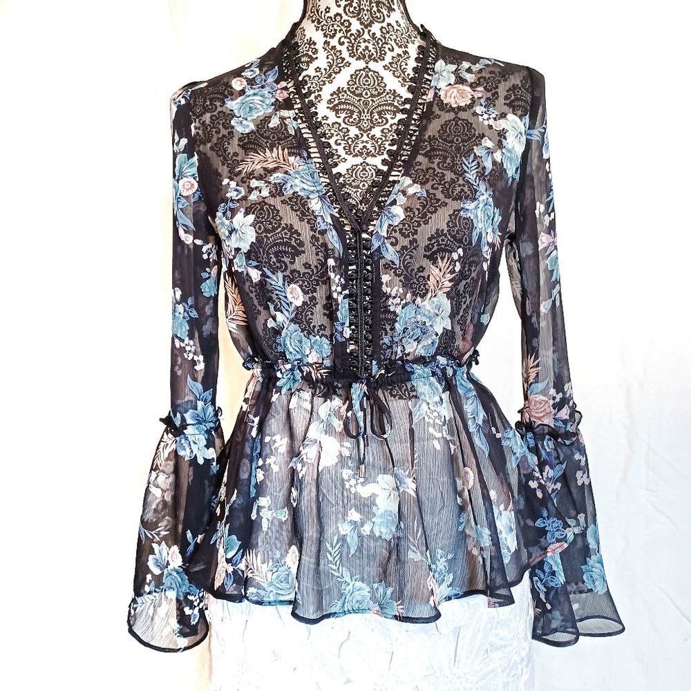 White House Black Market Black and Blue Floral Blouse